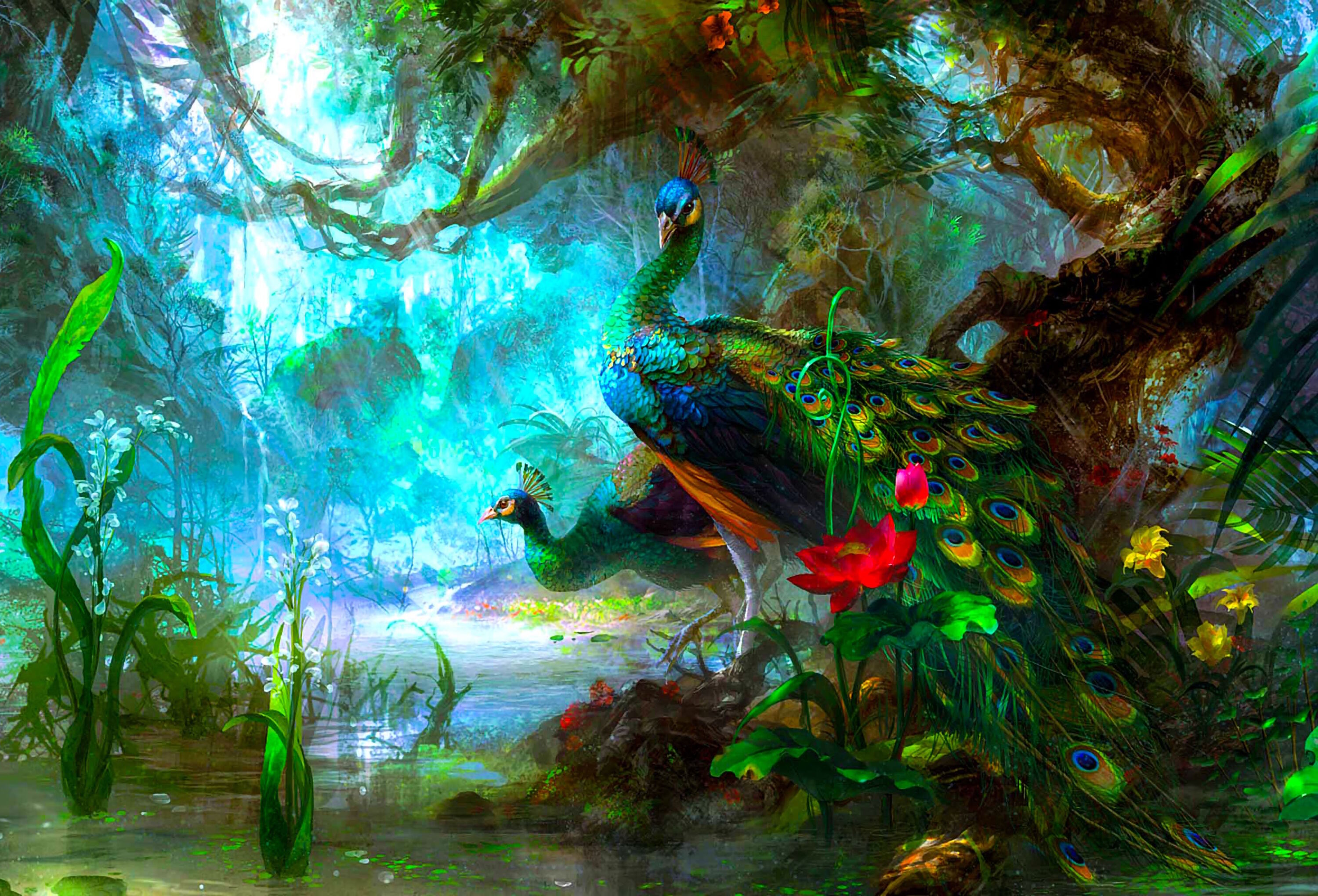 Два павлина в лесу