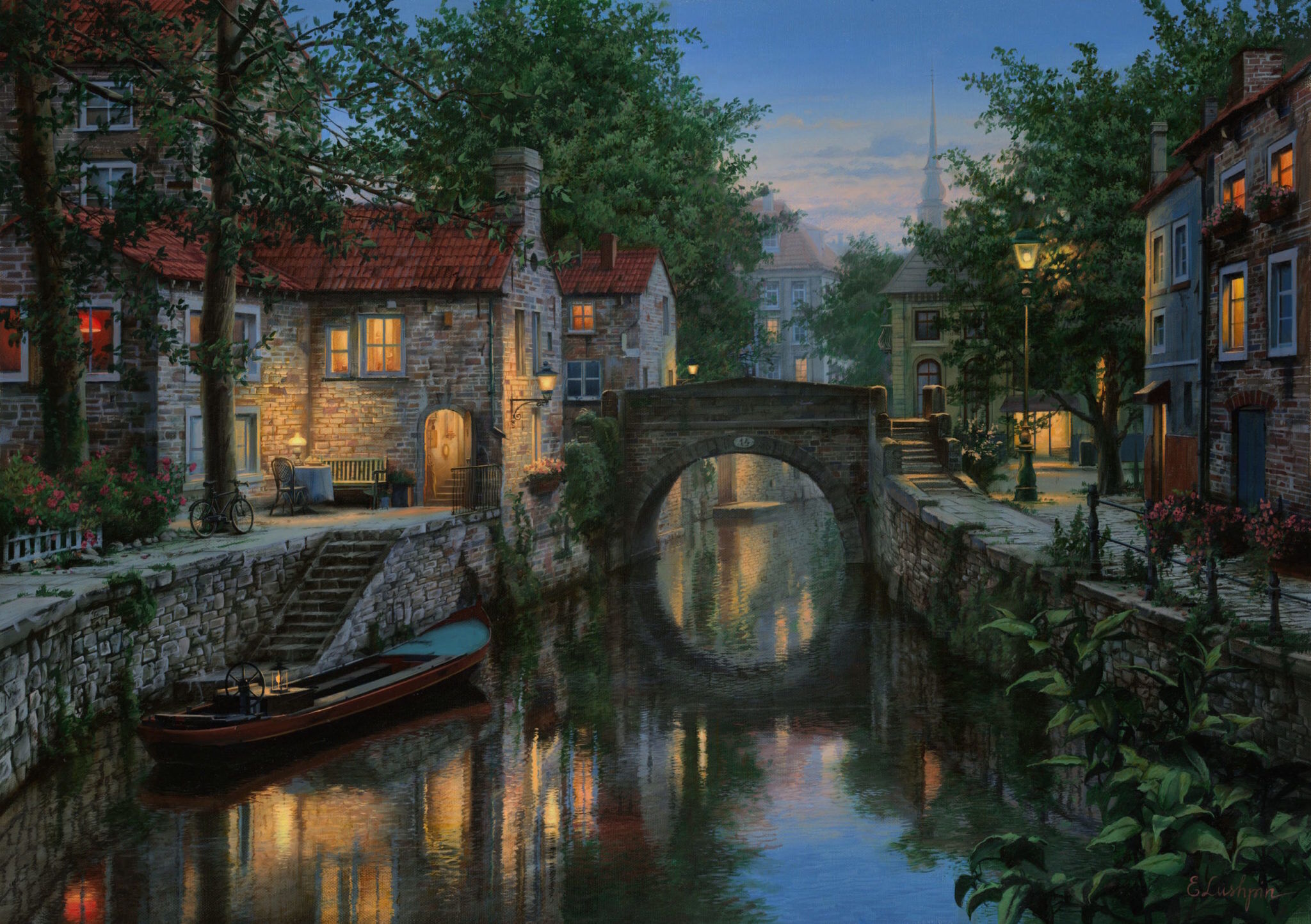 Вечерний городок и лодка