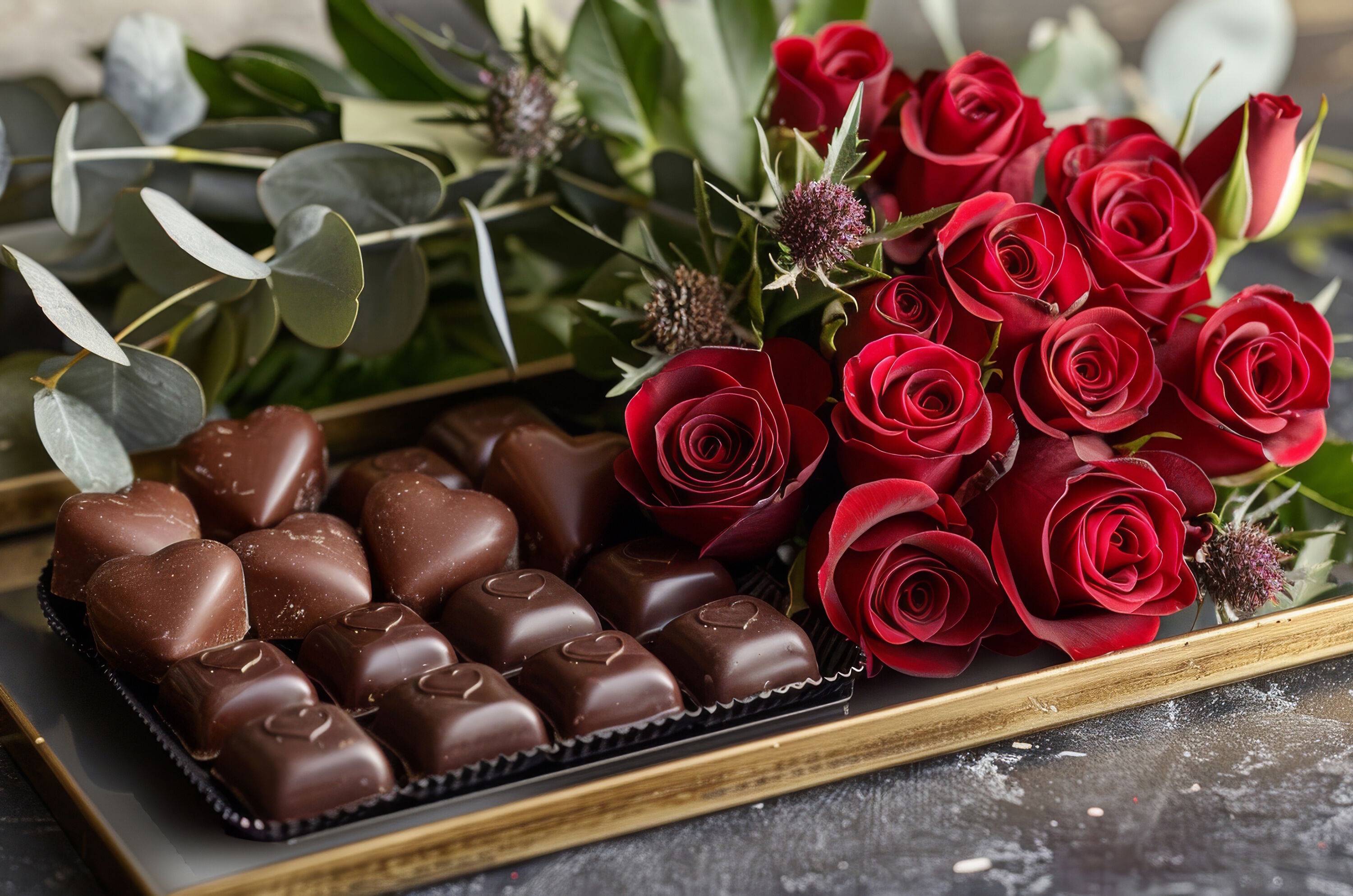 Розы и коробка конфет