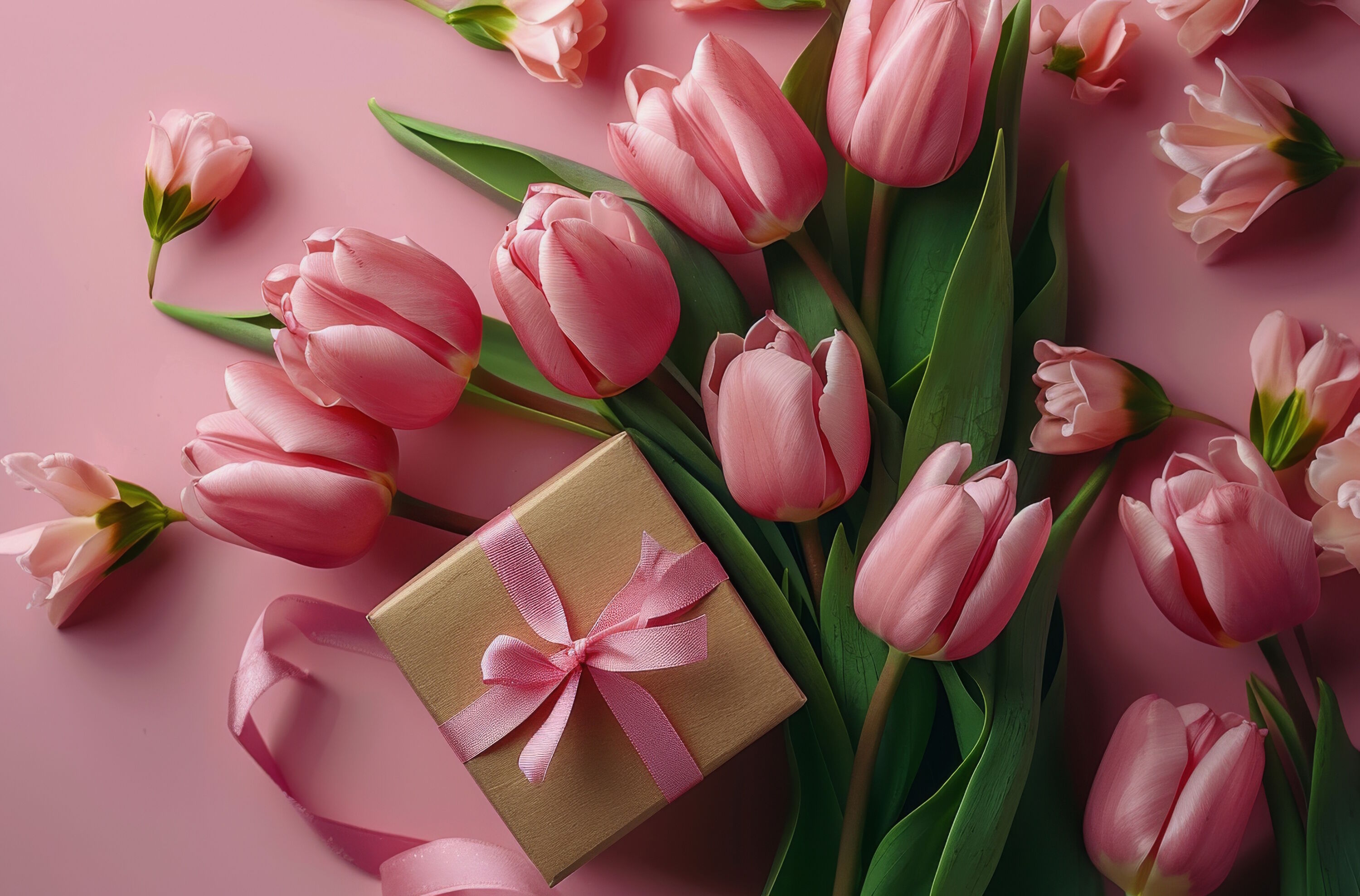 Розовые тюльпаны и подарочек