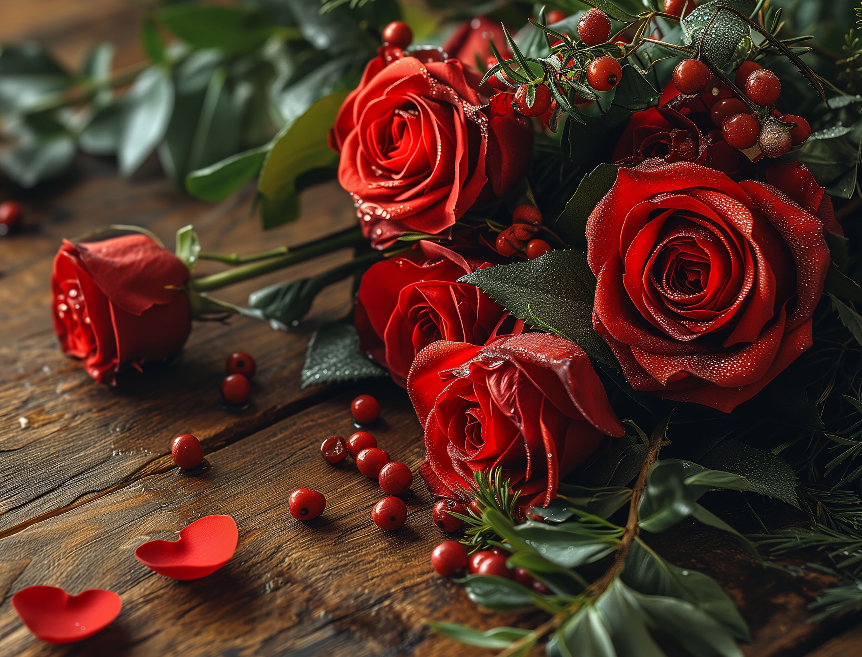 Красные розы и ягоды