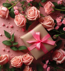 Розовые розы с подарком
