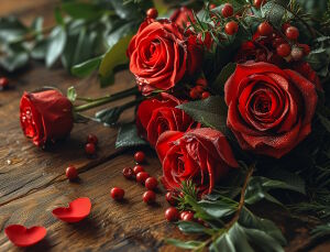 Красные розы и ягоды