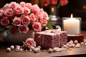 Розовые розы и свеча
