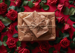 Розы и подарок в серединке