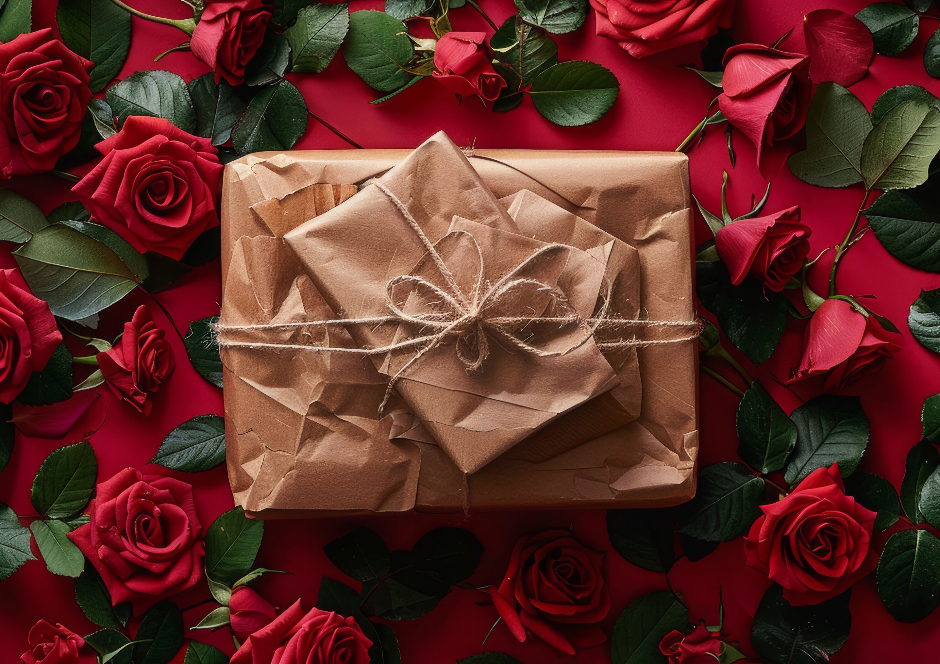 Розы и подарок в серединке