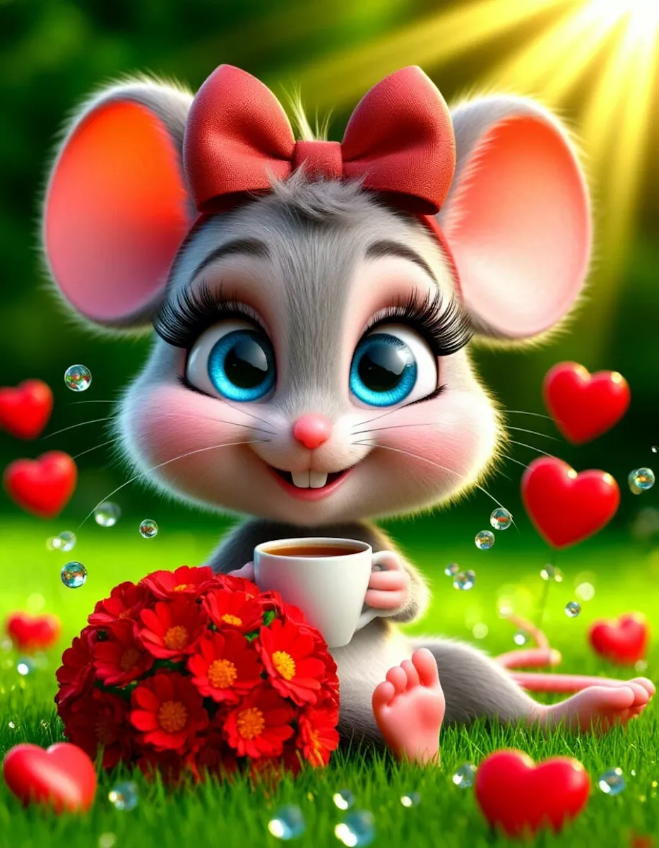 Мишка с букетом и чаем