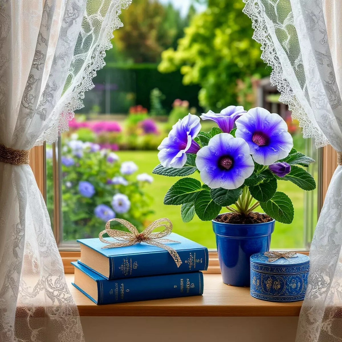 Книги и фиалки на окне