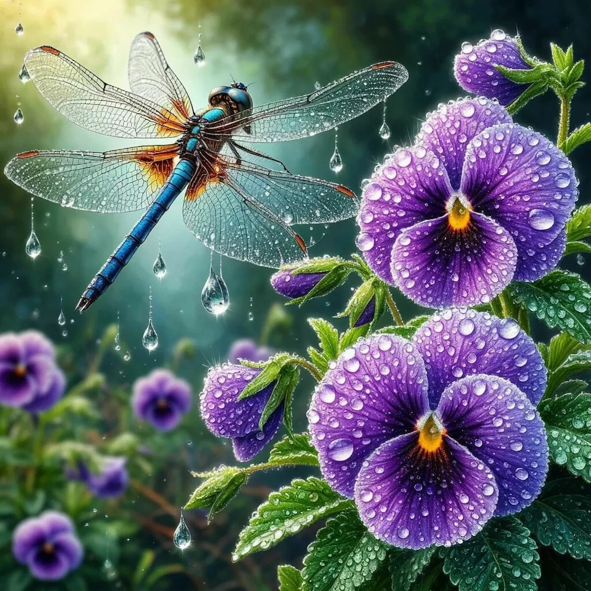 Стрекоза и фиалки