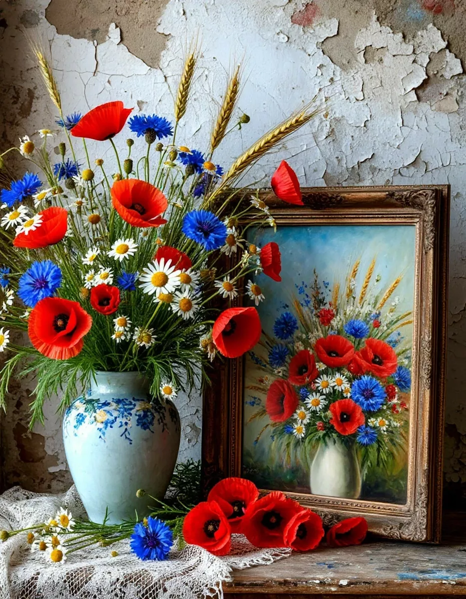 Маки с васильками и картина