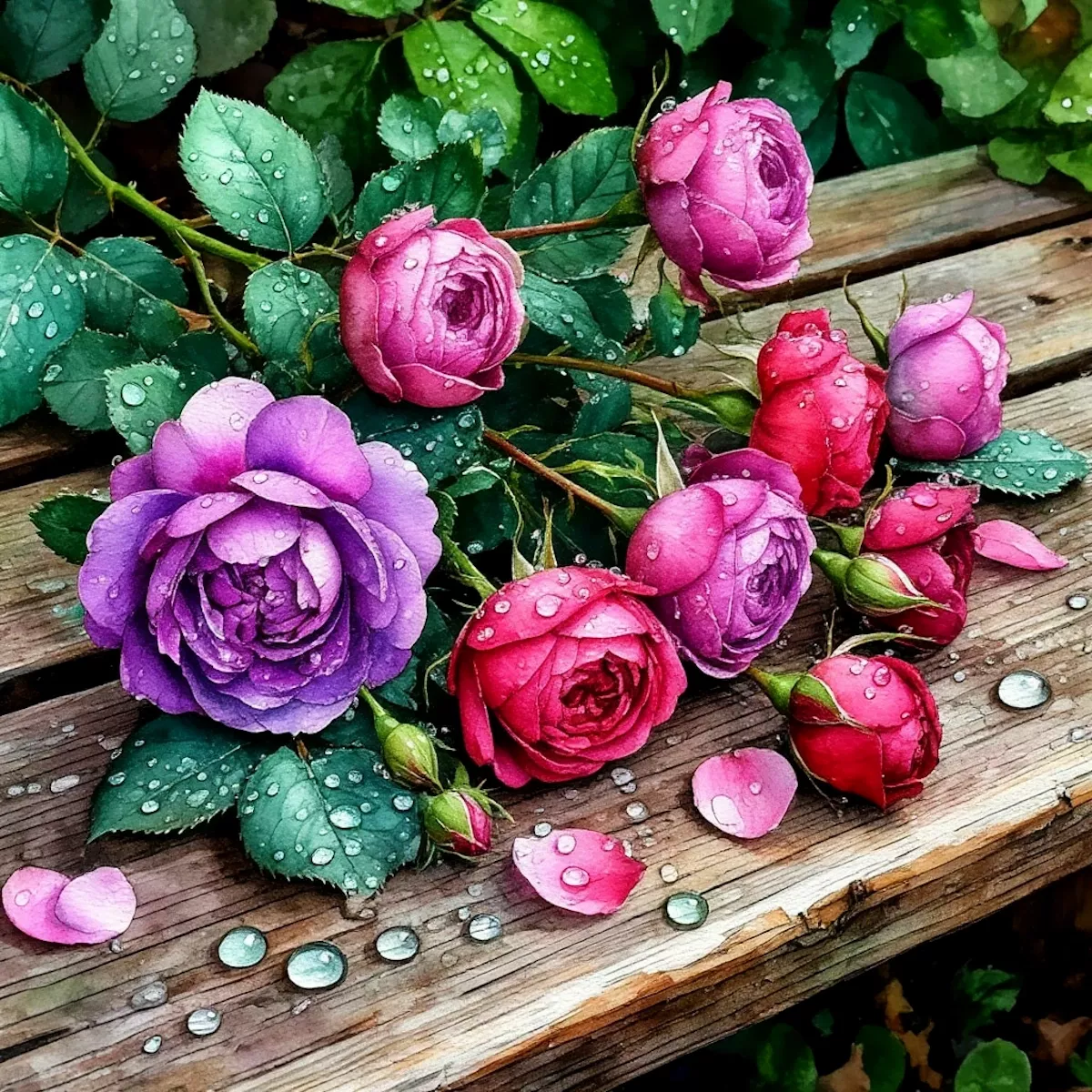 Кустовые розы после дождя