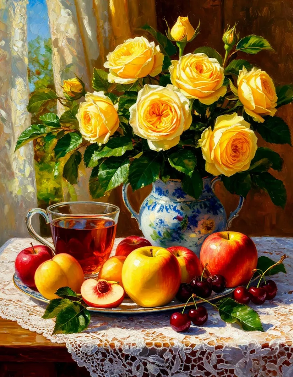 Желтые розы и чай с фруктами