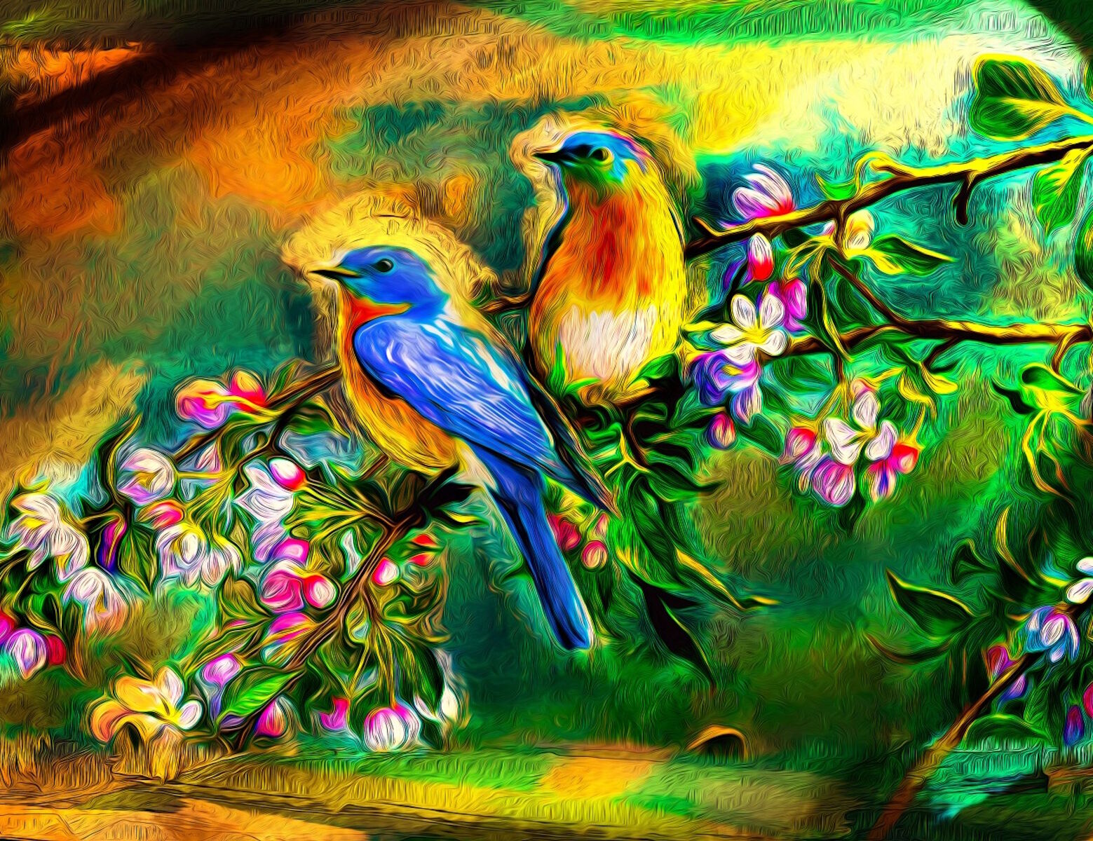 Птицы на цветущей ветке