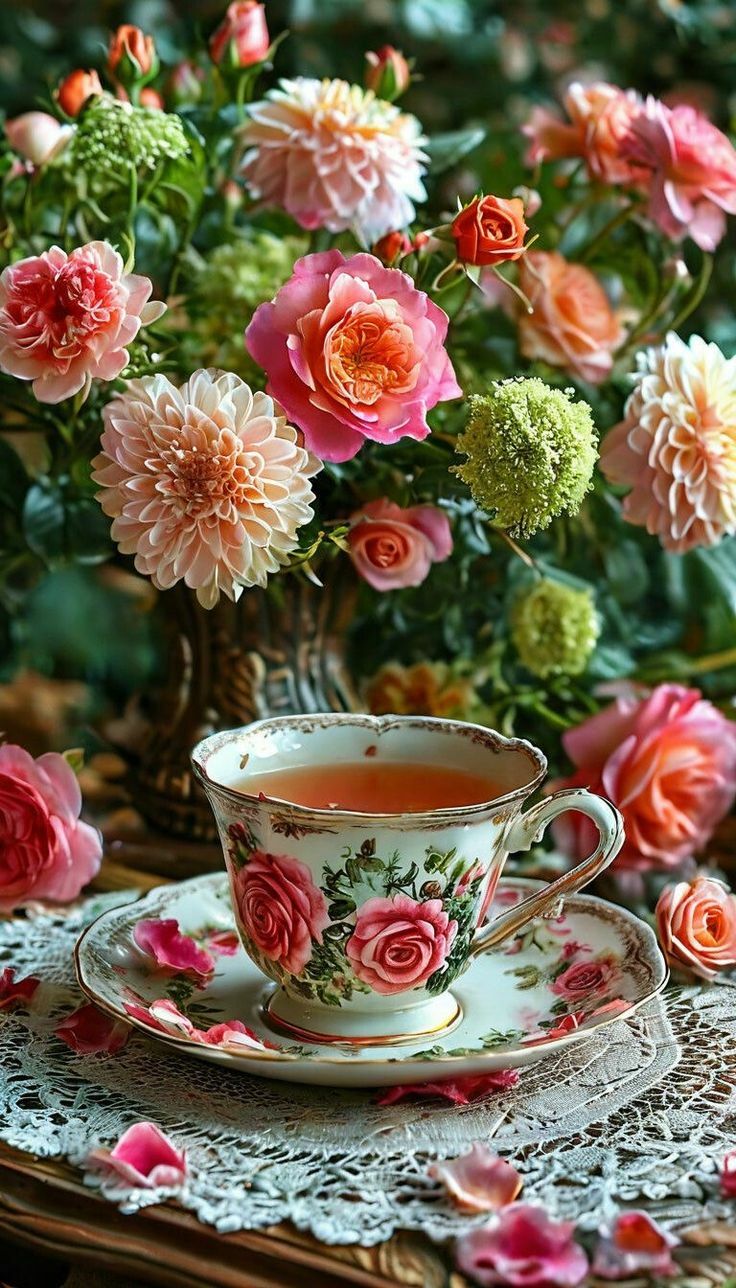 Чай и букет с цветами