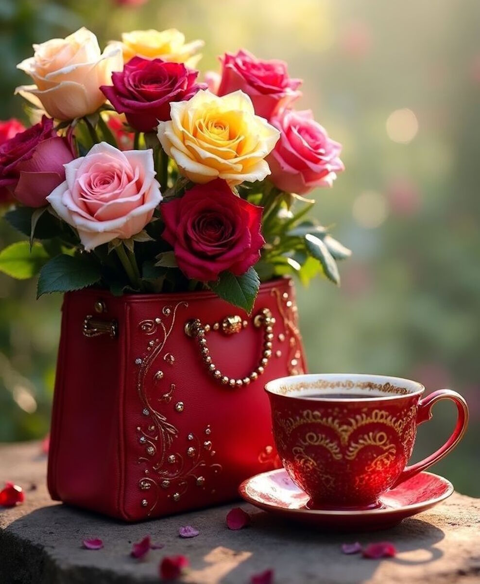 Цветы в сумочке и чашка