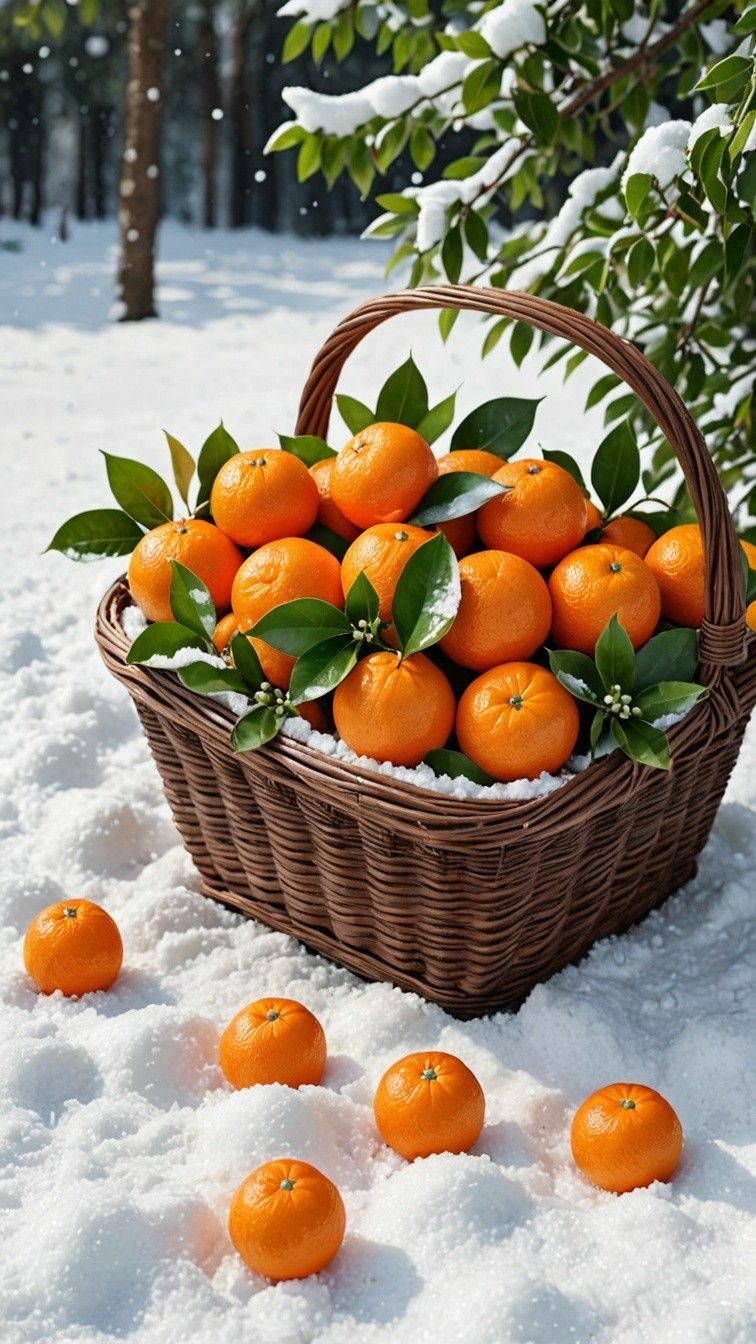 Мандарины в корзине на снегу
