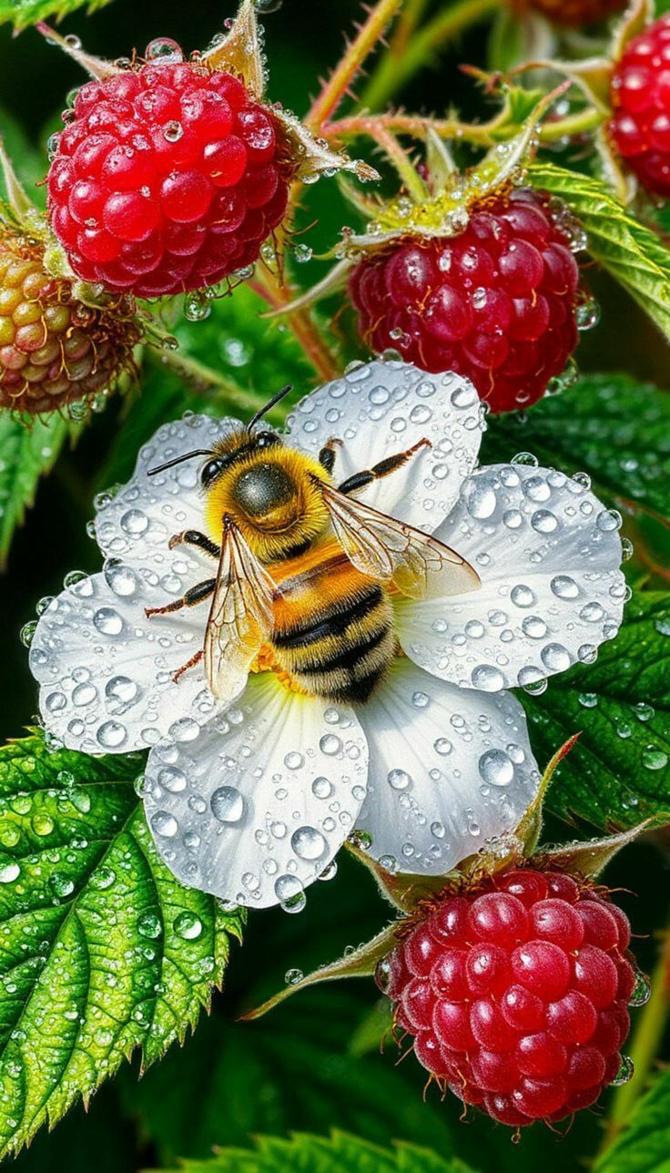 Пчела на цветке малины