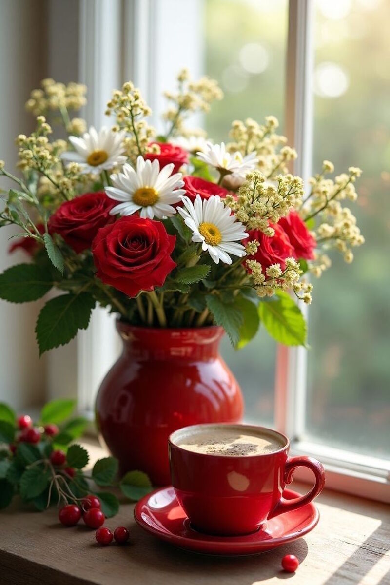 Букет на окне и кофе