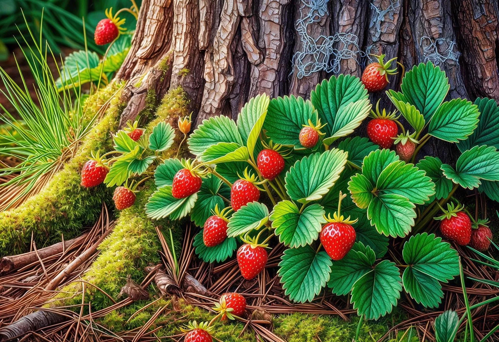 Земляничный куст у дерева