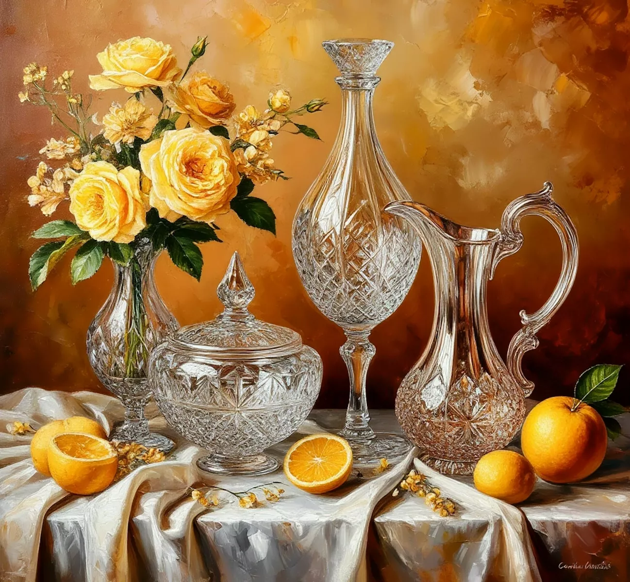 Хрустальная посуда и розы