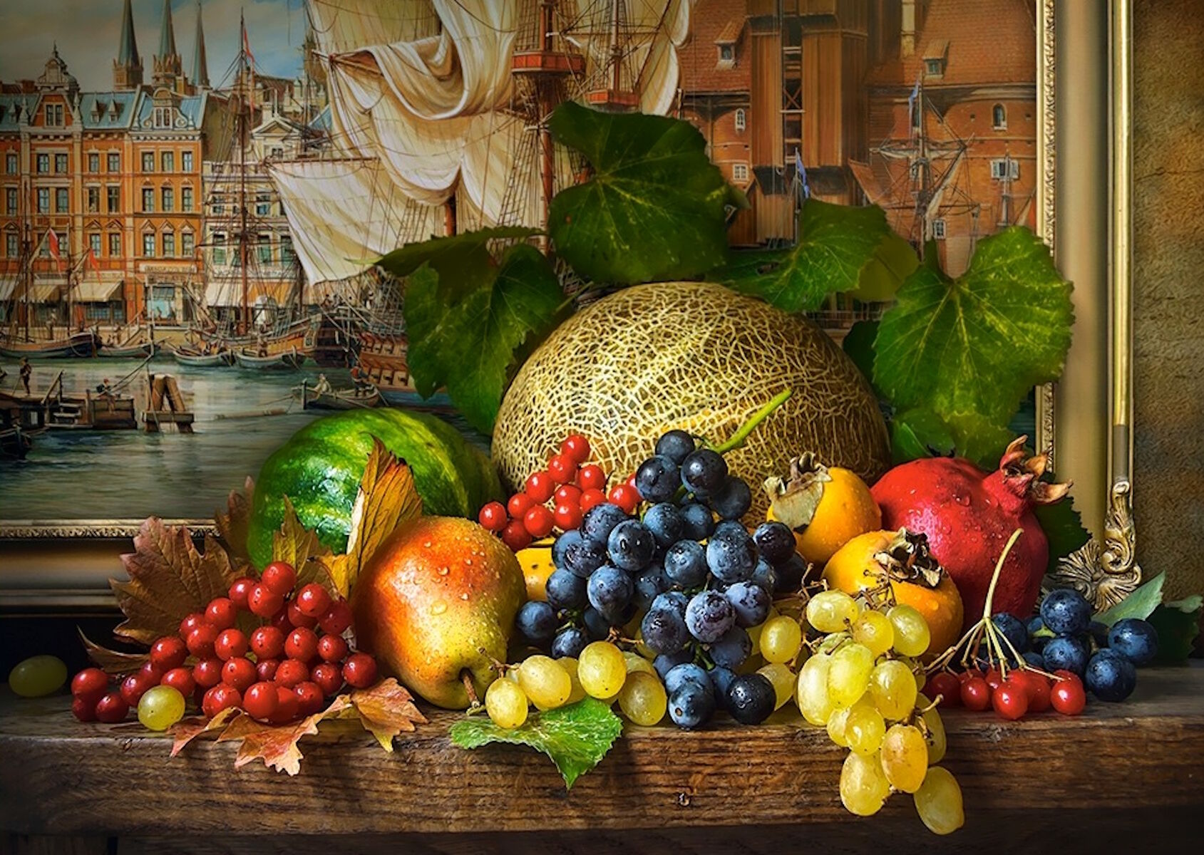 Фрукты и парусник