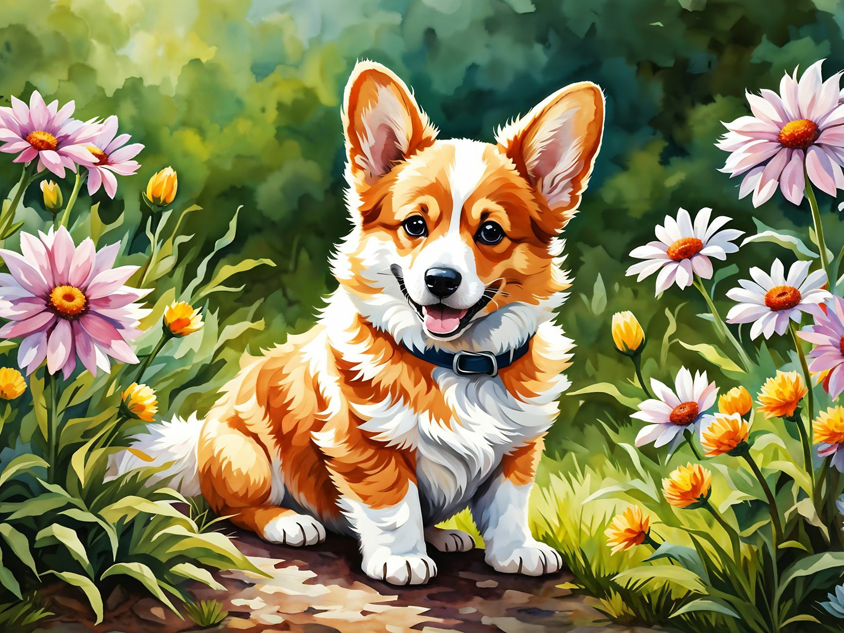 Корги и цветы на клумбе