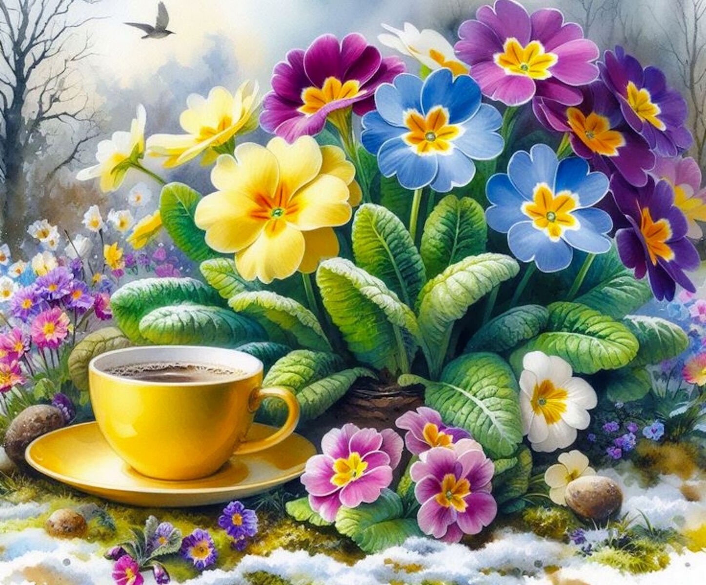 Цветы в снегу и чашка чая