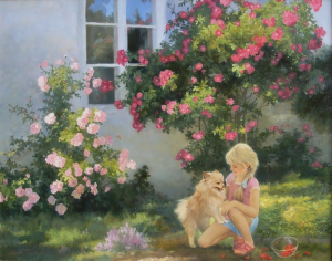 Девочка с собакой у дома