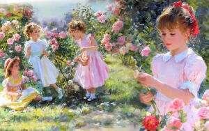 Девочки в розовом саду