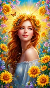 Девушка веселая и подсолнухи