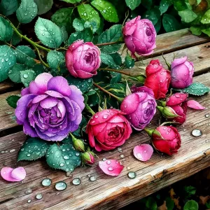 Кустовые розы после дождя