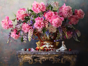 Пионы и статуэтка