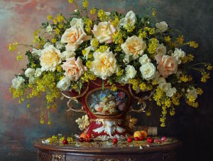 Белые розы и желтые цветочки в вазе