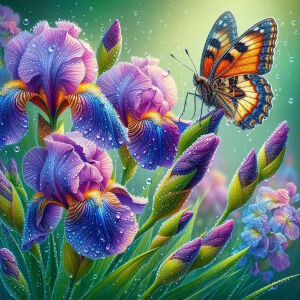 Бабочка и ирисы