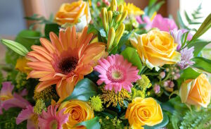 Желтые розы и герберы