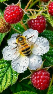 Пчела на цветке малины