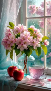 Яблоки и цветы на окне