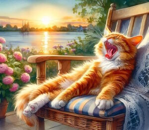 Зевающий кот на шезлонге