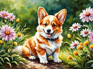 Корги и цветы на клумбе