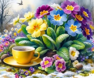 Цветы в снегу и чашка чая