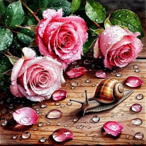 Улитка и розы в каплях