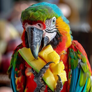 Попугай кушает манго