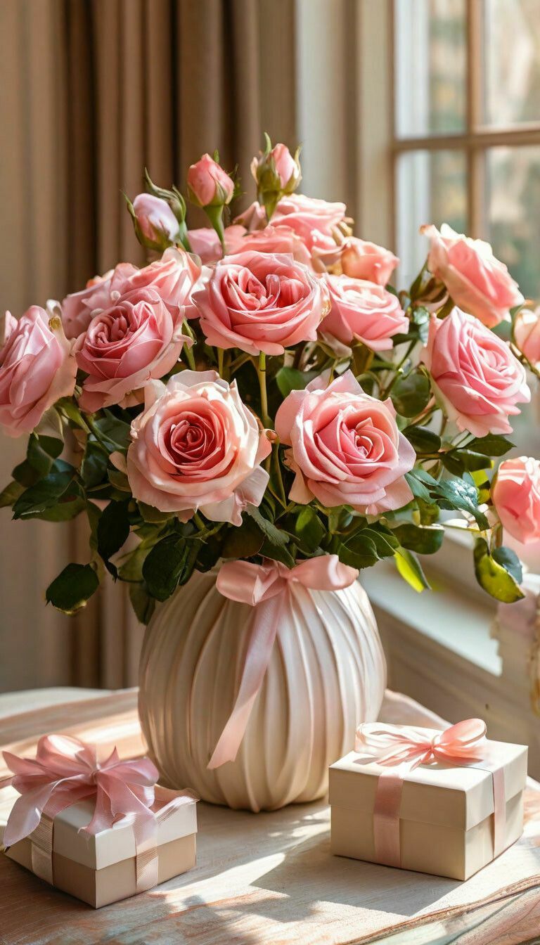 Букет роз и подарочные коробочки