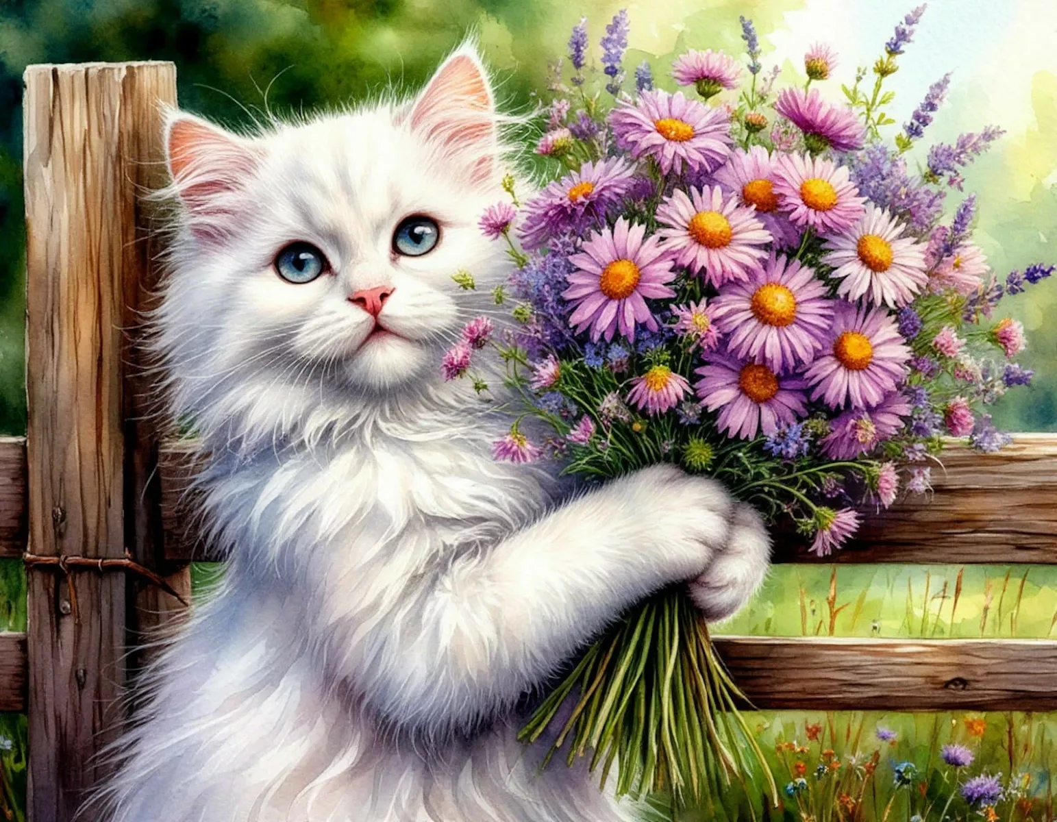 Белая кошка с букетом