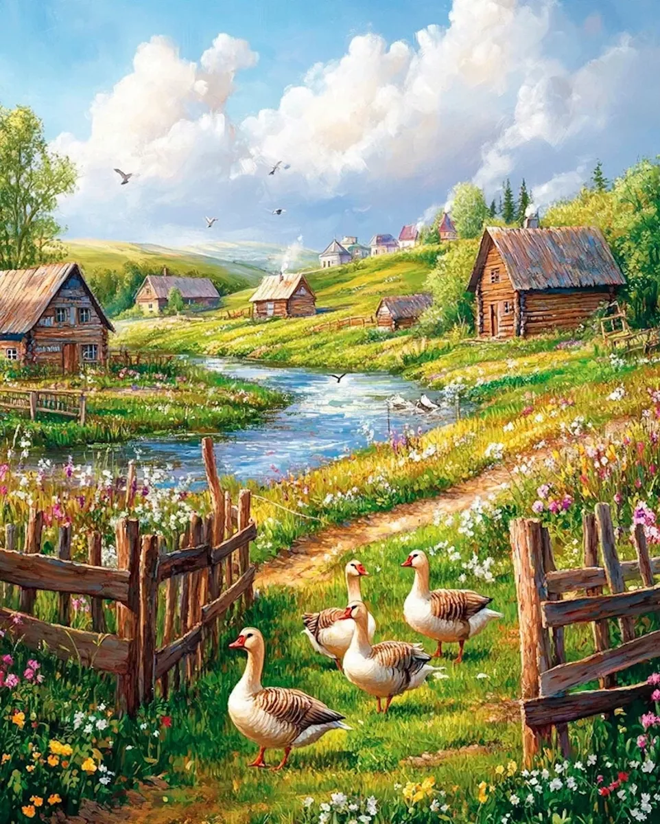 Деревенские гуси у забора