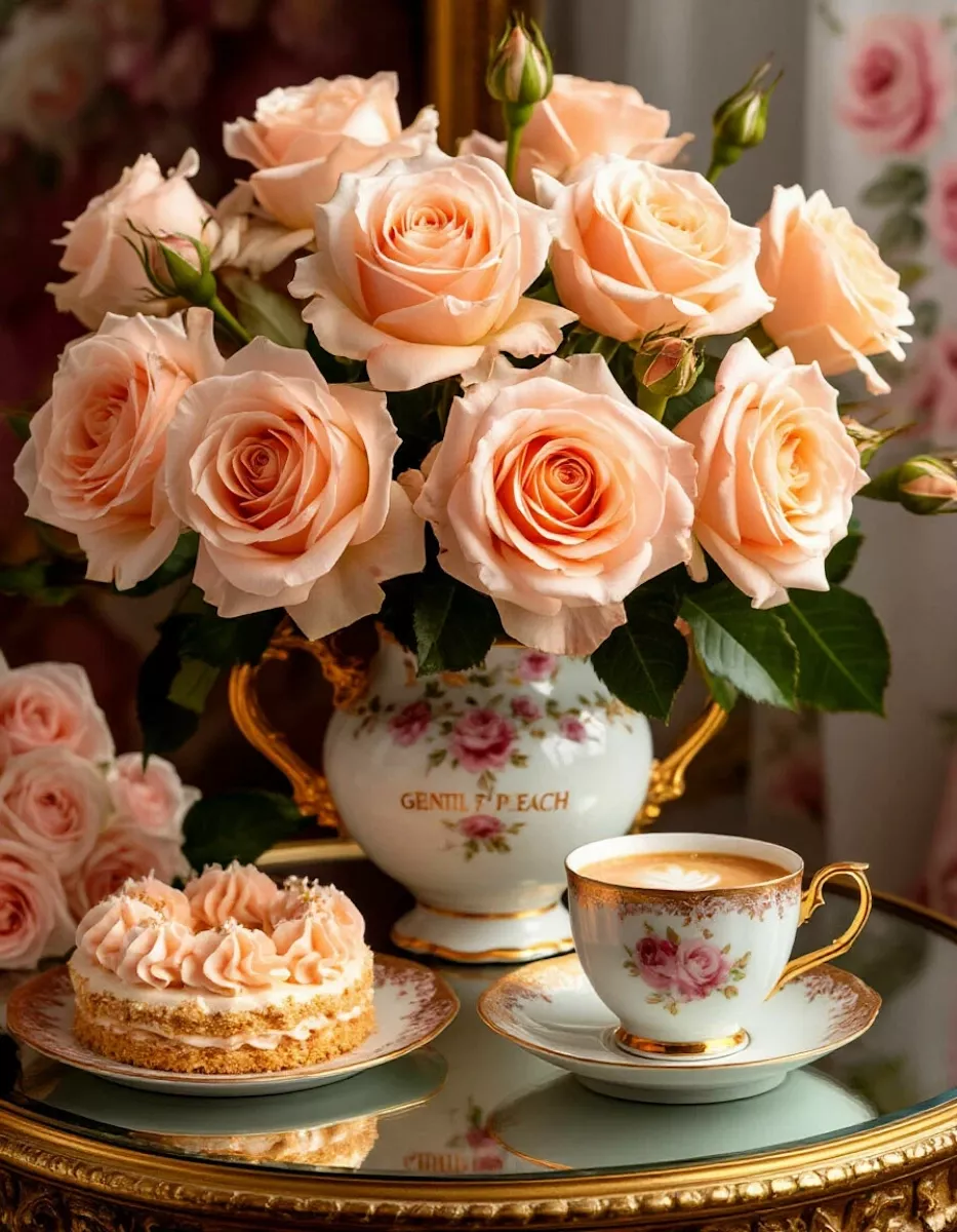 Букет роз и пирожное