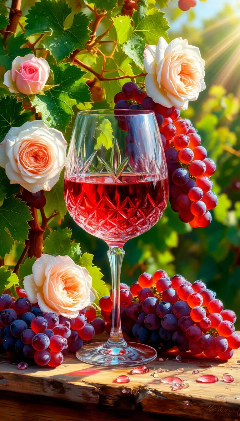 Вино в бокале и розы на лозе