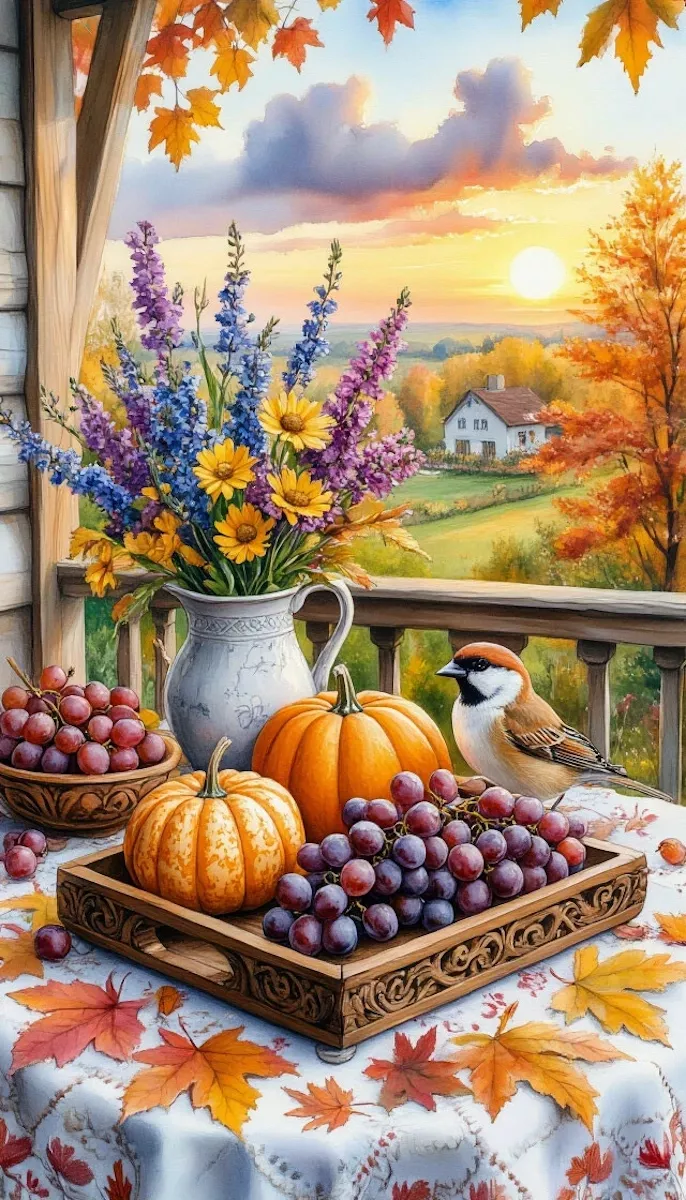 Букет, птица и виноград