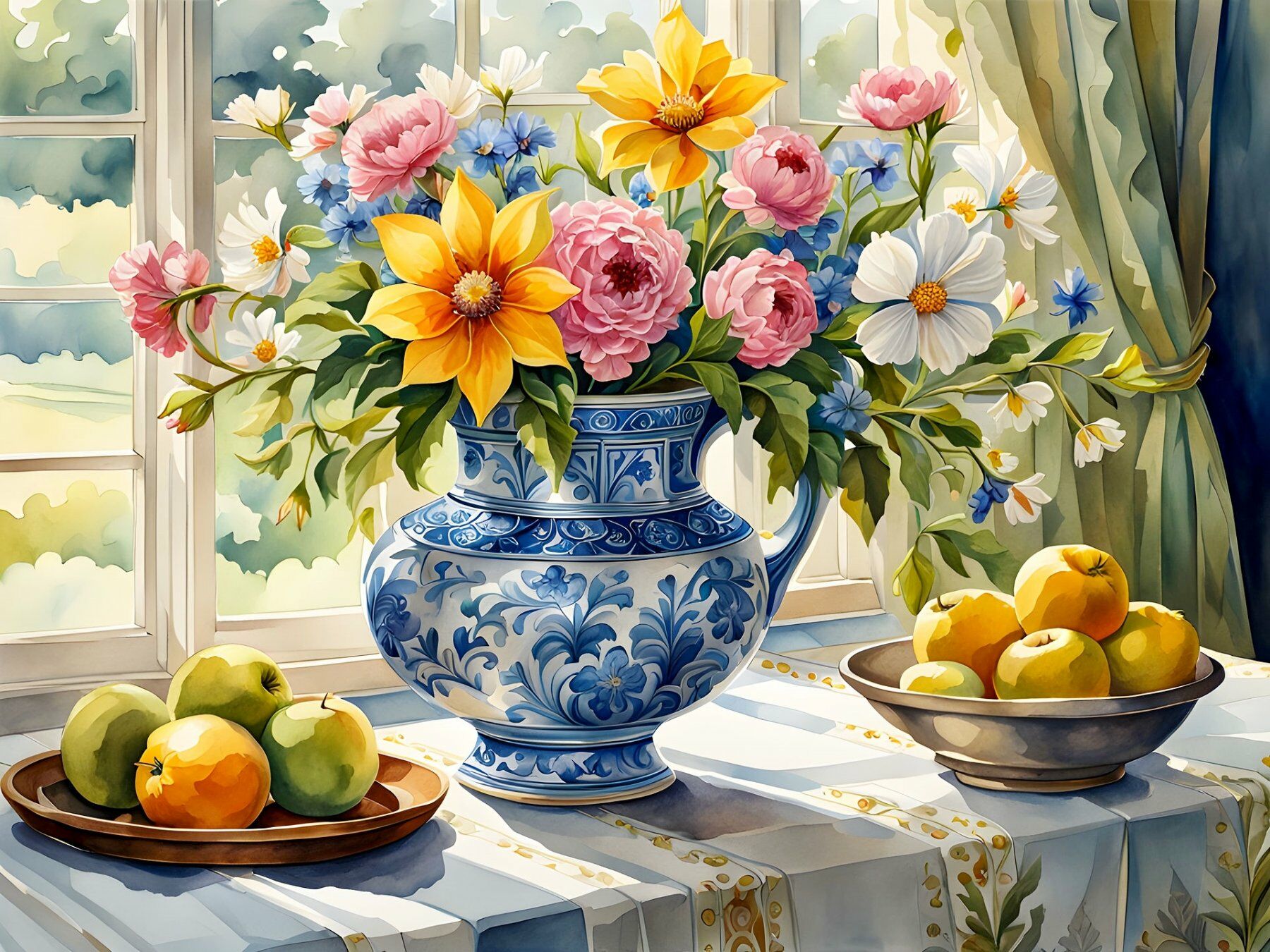 Букет и яблоки