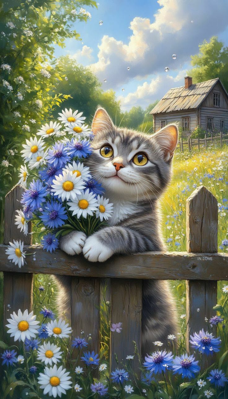 Кот с букетом
